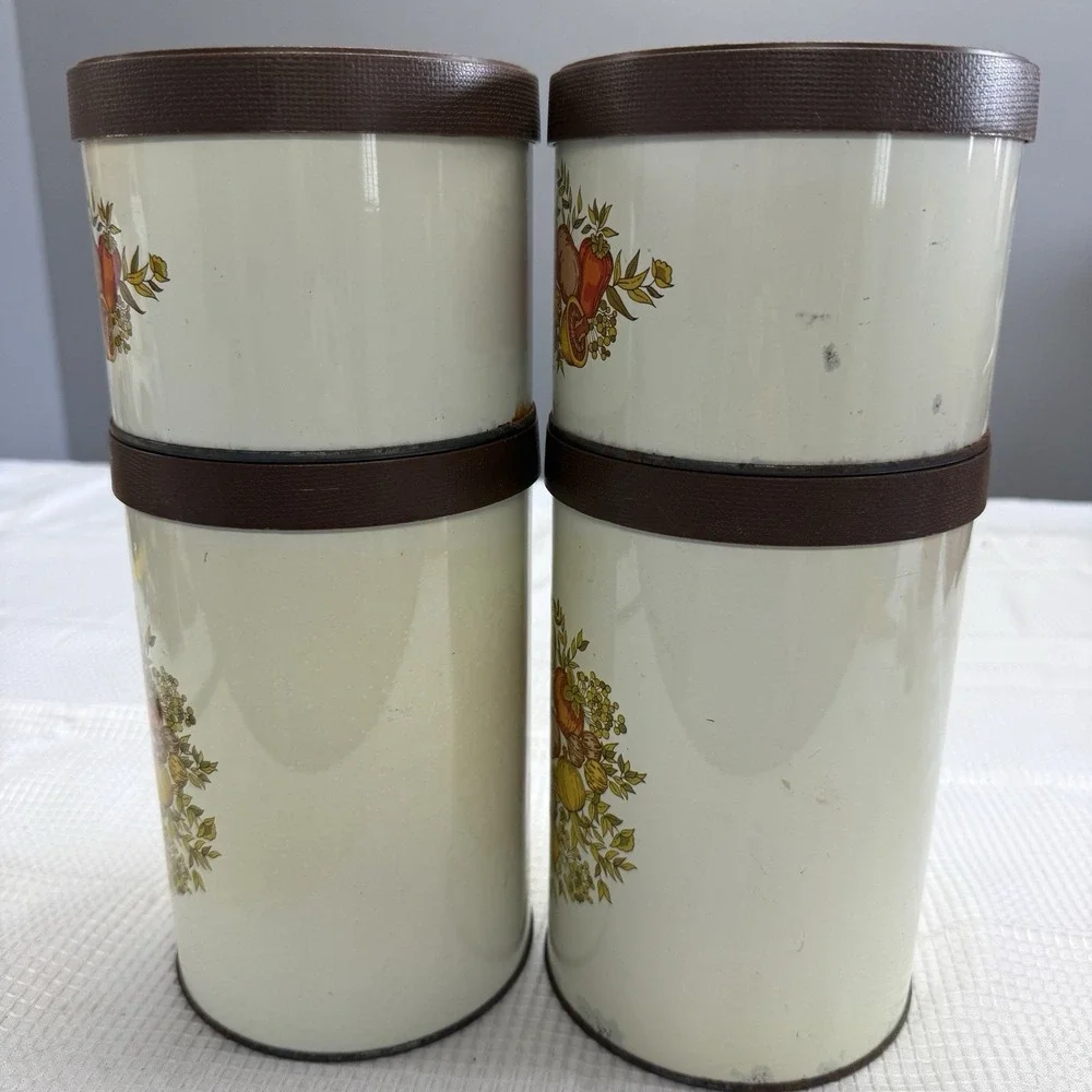 Vintage Ballonoff Tin Canister Set Lids Vegetables MCM Brown Retro 70s Kitchen